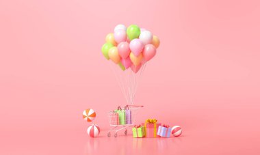 İnternetten alışveriş konsepti. Pembe arka planda alışveriş çizelgesi olan balonlar ve hediye kutuları. 3 Boyutlu resimleme