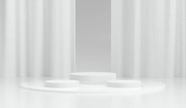 Perde arkası olan ürün yerleştirme için 3 boyutlu geometrik beyaz podyum. Asgari beyaz sahne arkaplanını özetle.