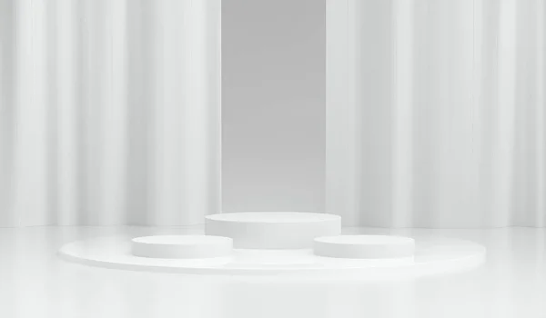 三维几何白色平台的产品放置窗帘背景 摘要最小白场景背景 — 图库照片