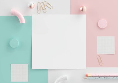 Metin, ataç, not, küre, pastel arkaplan üzerinde kalem ve geometrik nesneler için kopya alanı olan beyaz kağıdın üst görünümü 3D Render illüstrasyonuName.