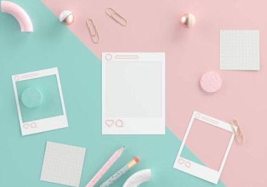 Düz konum Instagram çerçevesi, Pastel arkaplan üzerinde kağıt ataç, not, geometrik nesneler ve 3B Render çizimi ile minimal Instagram iletisi.