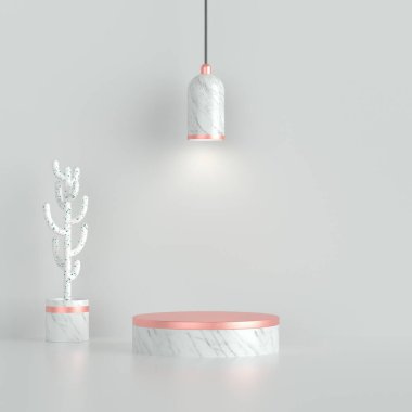 Beyaz arka planda krom ışıklı, kaktüslü, beyaz mermer bir podyum. Ürün yerleştirme 3d resimleme için geometrik ile soyut minimal sahne.