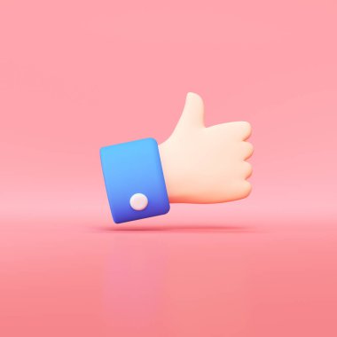Pembe arkaplandaki el başparmağı simgesi, düğme 3D render gibi.