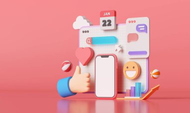 3D Sosyal medya platformu, çevrimiçi sosyal iletişim uygulamaları konsepti, emoji, web sayfası, arama simgeleri, akıllı telefon geçmişi olan sohbet ve grafik. 3d illüstrasyon