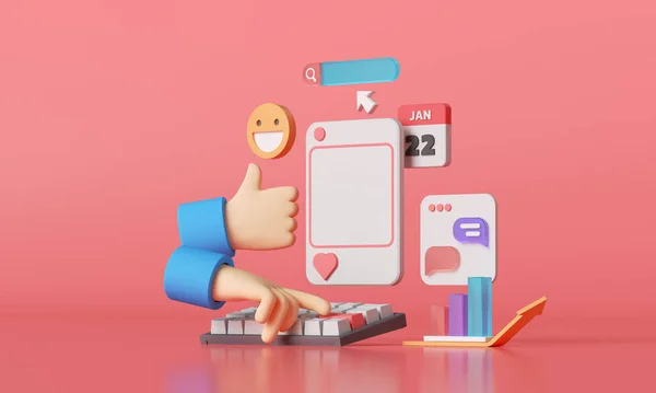 Pembe arkaplan illüstrasyonunda düğme ve sohbet gibi fotoğraf çerçeveli 3B görüntüleme sosyal medyası.