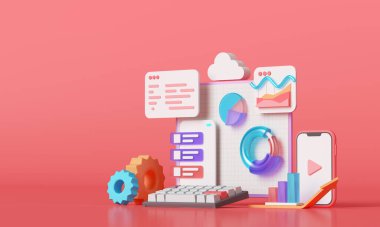 Mobil uygulama, yazılımlar ve 3 boyutlu web geliştirme, bar çizelgesi, pembe arka planda bilgi. 3d oluşturma