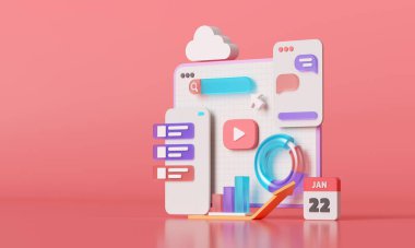 Mobil uygulama, yazılımlar ve 3 boyutlu web geliştirme, bar çizelgesi, pembe arka planda bilgi. 3d oluşturma