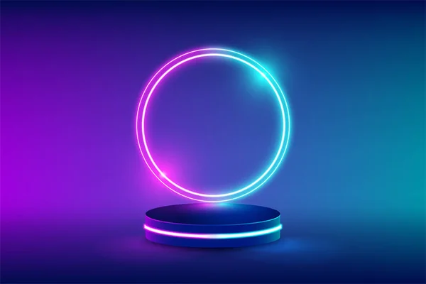 Lege Neon Podium Voor Product Vervanging Met Futuristische Cirkels Blauw — Stockvector