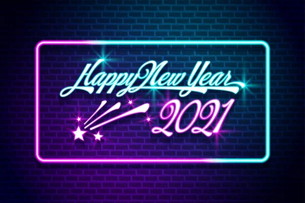 Šťastný Nový Rok 2021 Šablona Rukou Kreslení Neonový Text Design — Stockový vektor