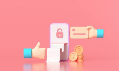 3D ödemeyi kredi kartı konseptiyle yapıyor. Akıllı telefon ile çevrimiçi ödeme işlemini sağlama alın. Cep telefonundaki kredi kartıyla internet bankacılığı. nesne yüzen arkaplan.