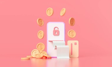 3D ödemeyi kredi kartı konseptiyle yapıyor. Akıllı telefon ile çevrimiçi ödeme işlemini sağlama alın. Cep telefonundaki kredi kartıyla internet bankacılığı. nesne yüzen arkaplan.