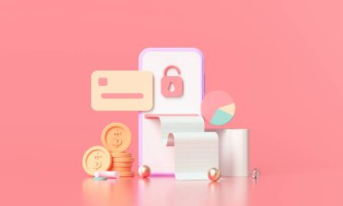 3D ödemeyi kredi kartı konseptiyle yapıyor. Akıllı telefon ile çevrimiçi ödeme işlemini sağlama alın. Cep telefonundaki kredi kartıyla internet bankacılığı. nesne yüzen arkaplan.