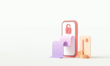3D ödemeyi kredi kartı konseptiyle yapıyor. Akıllı telefon ile çevrimiçi ödeme işlemini sağlama alın. Cep telefonundaki kredi kartıyla internet bankacılığı. nesne yüzen arkaplan.