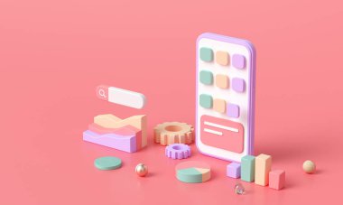 3D izometrik uygulama geliştirme, programlama ve kodlama teknolojileri. Akıllı telefon konsepti için. 3 Boyutlu resimleme