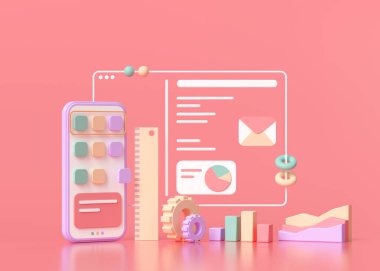 Uygulama Geliştirme ve UI-UX tasarımı Konsepti 3B çizim illüstrasyonu