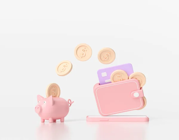 Renderização Economizando Conceito Dinheiro Transferência Dinheiro Para Piggy Bank Carteira — Fotografia de Stock