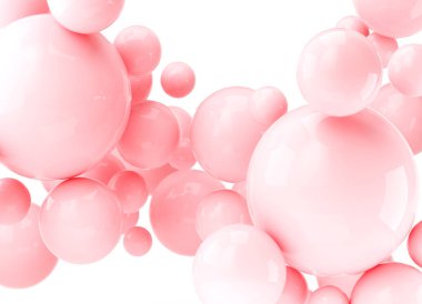 Üç boyutlu, soyut gerçekçi toplar, pembe baloncuklar. Beyaz arkaplanda dinamik 3d küreler
