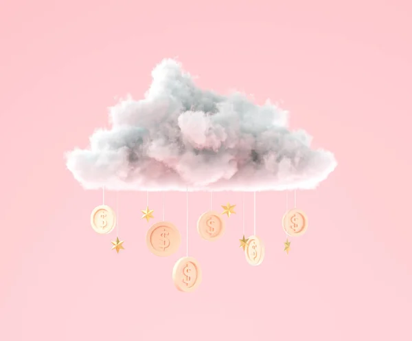 Illustration Wolke Mit Hängenden Münzen Für Geschäfts Und Sparkonzept Minimaler — Stockfoto