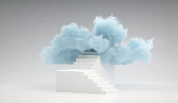 3D渲染了白色楼梯顶部的蓝云 最小楼梯场景用于产品放置3D示例 — 图库照片