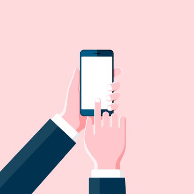 Çizgi filmdeki eller akıllı telefonu tutuyor ve pembe arkaplandaki boş siyah ekrana dokunuyor.