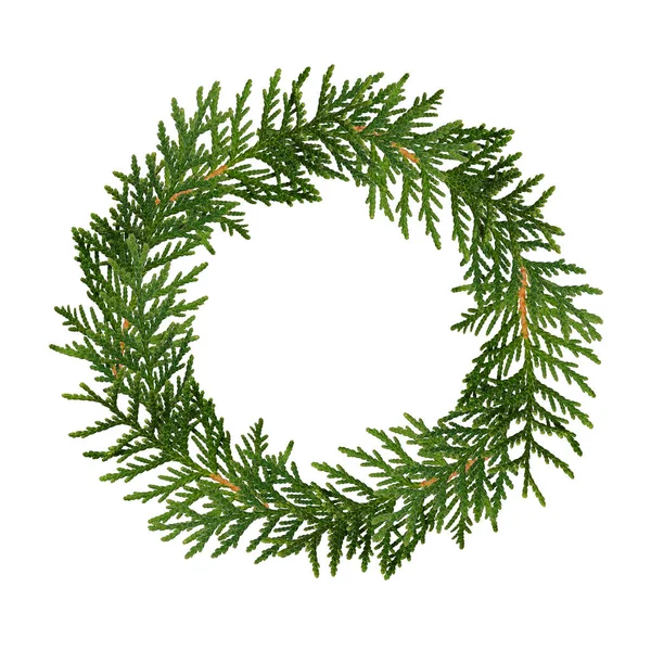 Couronne Noël Brindilles Thuja Isolées Sur Blanc — Photo