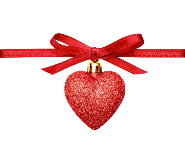 Corazón de brillo rojo de Navidad y lazo de cinta de seda — Foto de Stock