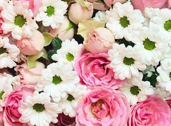 Rosa rosor och vita tusensköna blommor bukett — Stockfoto