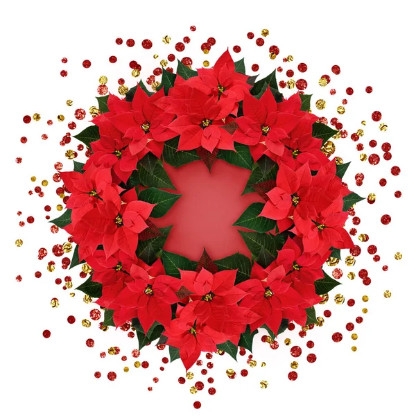 Weihnachten Weihnachtsstern Blumen Runde Anordnung Mit Konfetti Isoliert Auf Weiß — Stockfoto