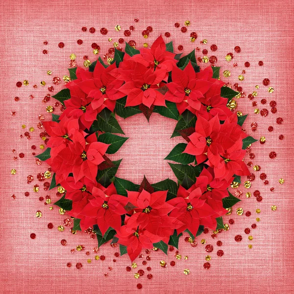 Corona Flores Poinsettia Navidad Con Confeti Sobre Fondo Lona Roja —  Fotos de Stock