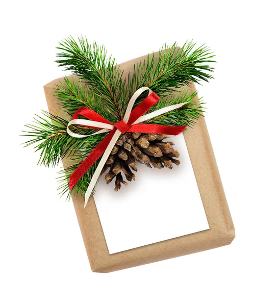 Coffret Cadeau Noël Avec Ruban Papillon Rameau Sapin Cônes Une — Photo