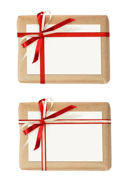 Conjunto Caixas Presente Com Laço Fita Cartão Isolado Branco — Fotografia de Stock