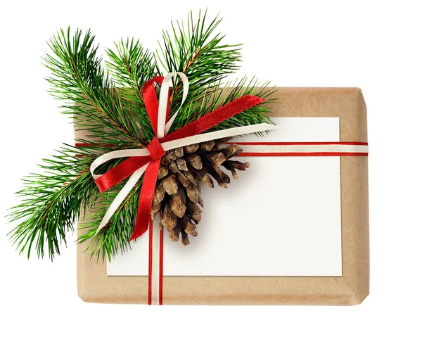 Christmas Gift Box Ribbon Bow Fir Tree Twig Cones Card — Stock Photo, Image