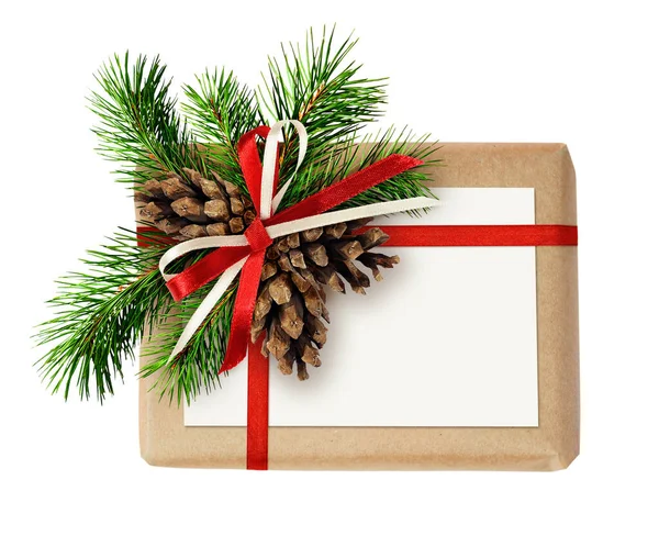Christmas Gift Box Ribbon Bow Fir Tree Twig Cones Card — Stock Photo, Image