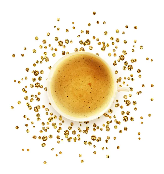 Cup Coffee Golden Confetti White Background Flat Lay Top View — Stock Photo, Image