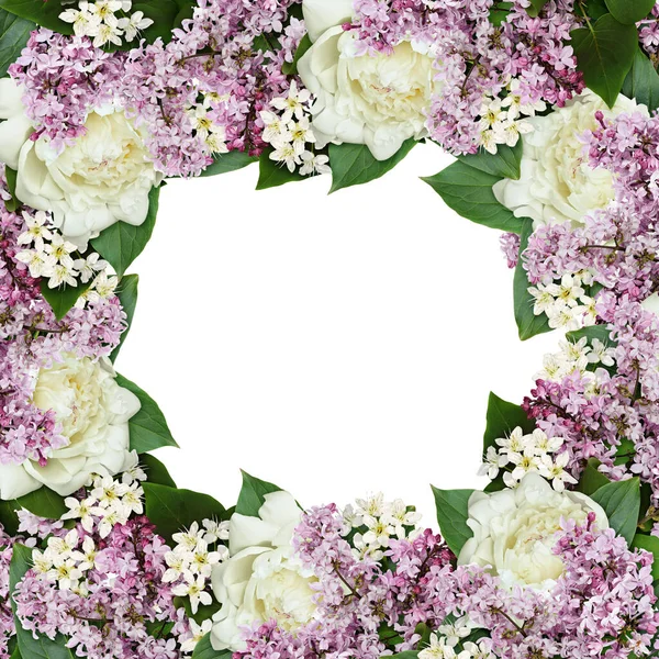 Decoratief Frame Van Lila Takjes Pioenbloemen Geïsoleerd Wit — Stockfoto