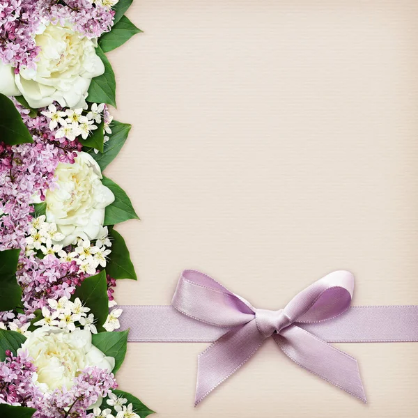 Decorative Border Lilac Twigs Peony Flowers Paper Background Silk Ribbon — Stock Photo, Image