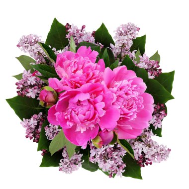 Beyaz bir demet pembe şakayık ve leylak çiçeği.