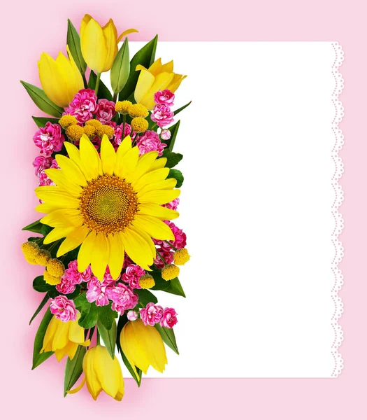 Sunflower Tulips Hawtorn Flowers Arrangement Card Pink Background — Stock Photo, Image
