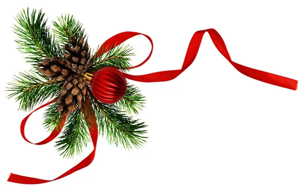 Christmas Arrangement Pine Twigs Cones Red Silk Ribbon Bow Isoaletd — Stock Photo, Image