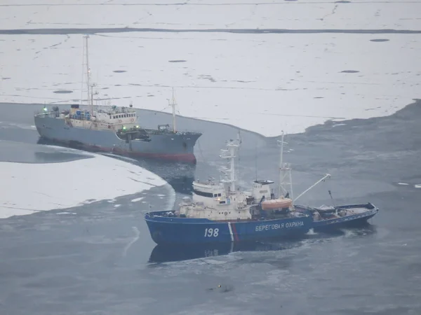 Two ships in the Gulf among the ice of the Pacific ocean. Russia, Kamchatka