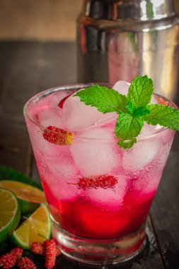 Ahşap masada Taze Buz Dut Soda içecek dut, yapraklar, kokteyl shaker ve limon dilimi etrafında yerleştirilir.