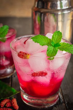 Taze Buz Dut Soda içecek ahşap masada dut, yapraklar, kokteyl shaker ve aynı nesne etrafında yerleştirilir vardır.