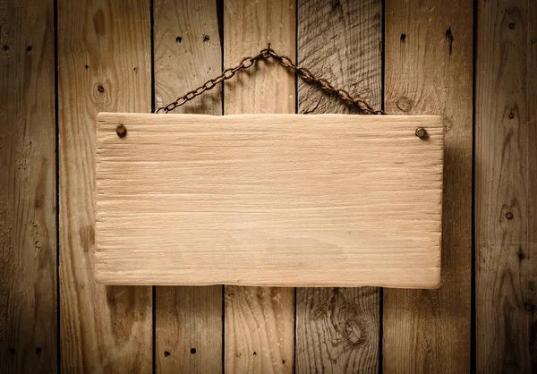 Licht Hout Leeg Singboard Opknoping Een Muur Van Verouderde Houten — Stockfoto