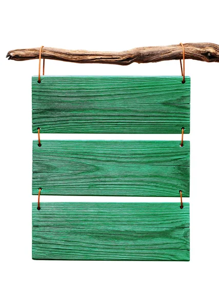 Placa Madeira Verde Pendurada Ramo Morto Isolado — Fotografia de Stock