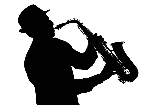 Silueta Jazzový Saxofonista Bílém — Stock fotografie