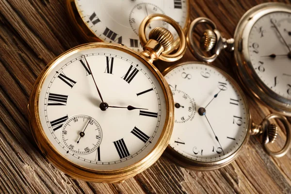 Vintage Pocket Watches Aged Wood Table — Stock Photo, Image