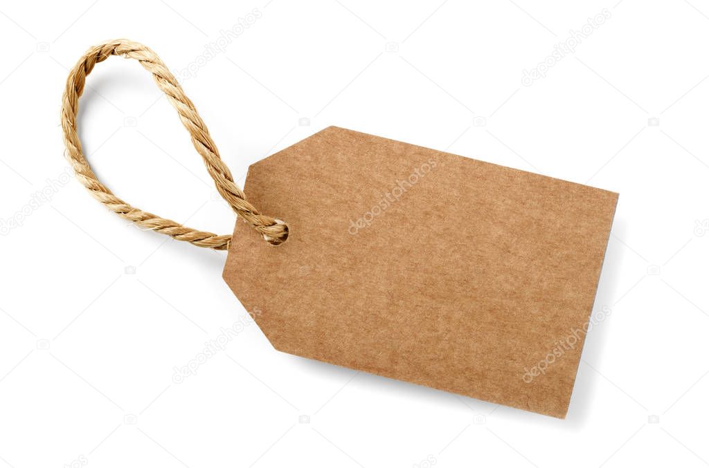 brown cardboard label with slim rope cord, isolated