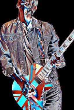 psychedelic acid pop guitarist playing an electric guitar with british flag, clipart