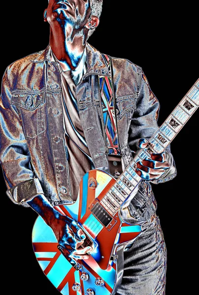 Psychedelický Kyseliny Pop Kytarista Hraje Elektrickou Kytaru Britskou Vlajkou — Stock fotografie