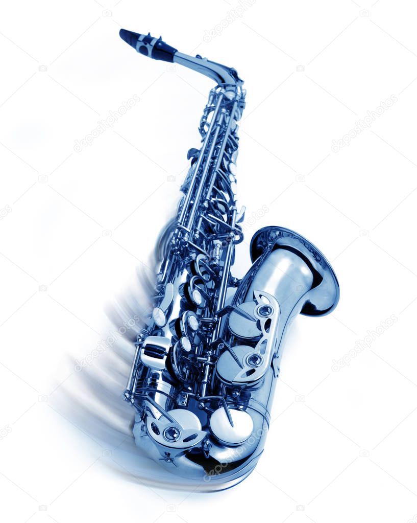 blue jazz saxophone with swing movement, isolated